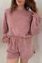 Textured Corduroy Drop Shoulder Pullover Drawstring Waist Short Sets